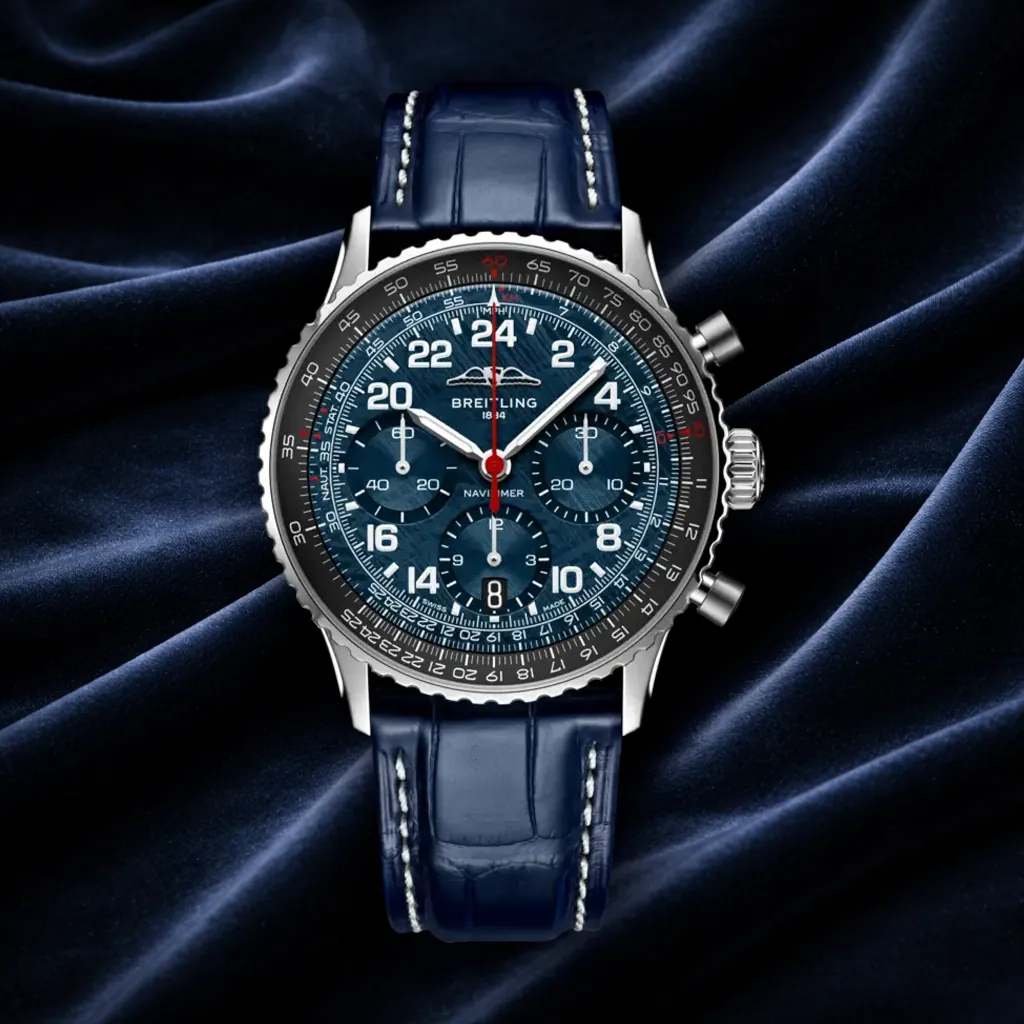 Breitling Navitimer Cosmonaute mechanical space watch featuring a 24-hour dial and slide rule bezel.