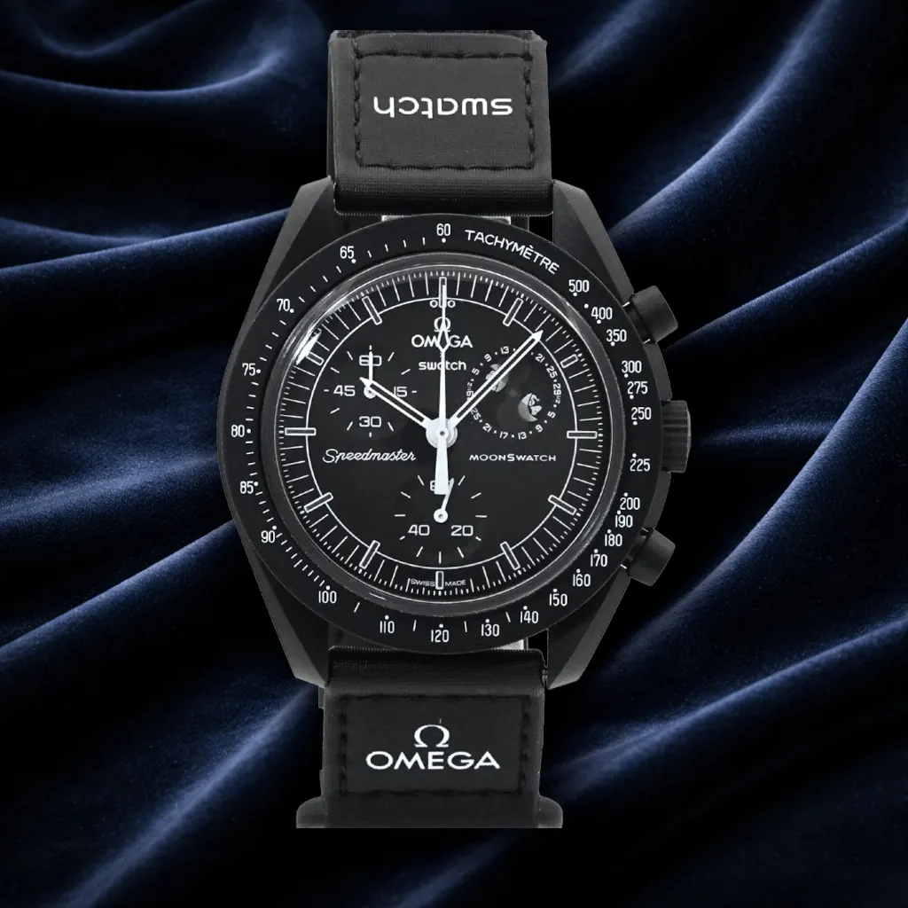 Bioceramic Swatch x Omega MoonSwatch Mission to the Moon on a black velcro strap.