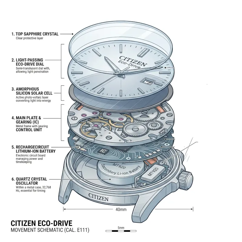Technical schematic of Citizen Eco-Drive Calibre E111 movement showing MT920 solar cell and rechargeable battery layers