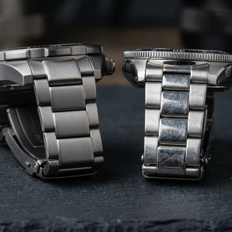 Comparison of Citizen Super Titanium vs stainless steel watch case texture showing scratch resistance