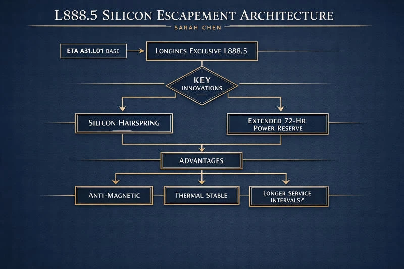 Technical diagram of the Longines Calibre L888.5 Movement architecture, illustrating the silicon hairspring and anti-magnetic escapement benefits for the 2026 HydroConquest, analyzed by Sarah Chen at thewatches.ca.