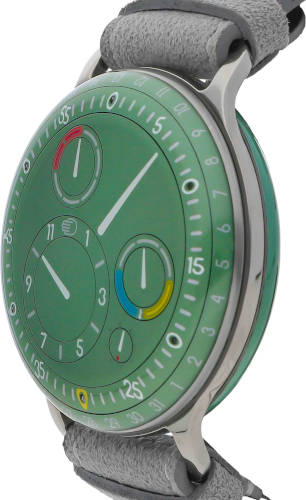 Close-up of the Ressence Type 3 oil-filled display showing its reflection-free dial and rotating disc time indication.