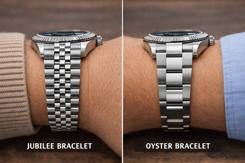 Rolex Datejust Jubilee bracelet compared to Oyster bracelet on the wrist