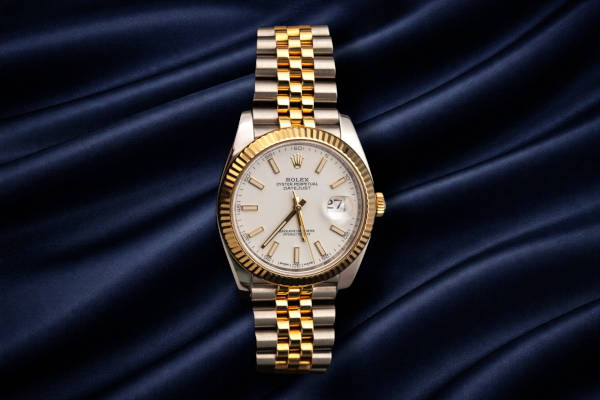 Close-up of a Rolex Jubilee bracelet highlighting its five-link design and polished center links