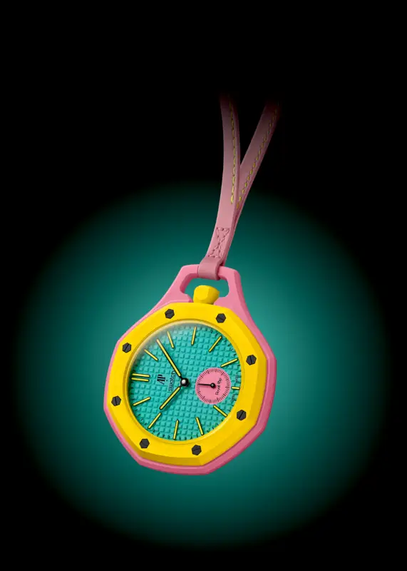 A close-up of the Swatch x Audemars Piguet Royal Pop pocket watch hanging from a pink lanyard. It features a bright pink case, a yellow octagonal bezel with black screws, a turquoise Tapisserie dial, and a pink small-seconds subdial at 3 o'clock.