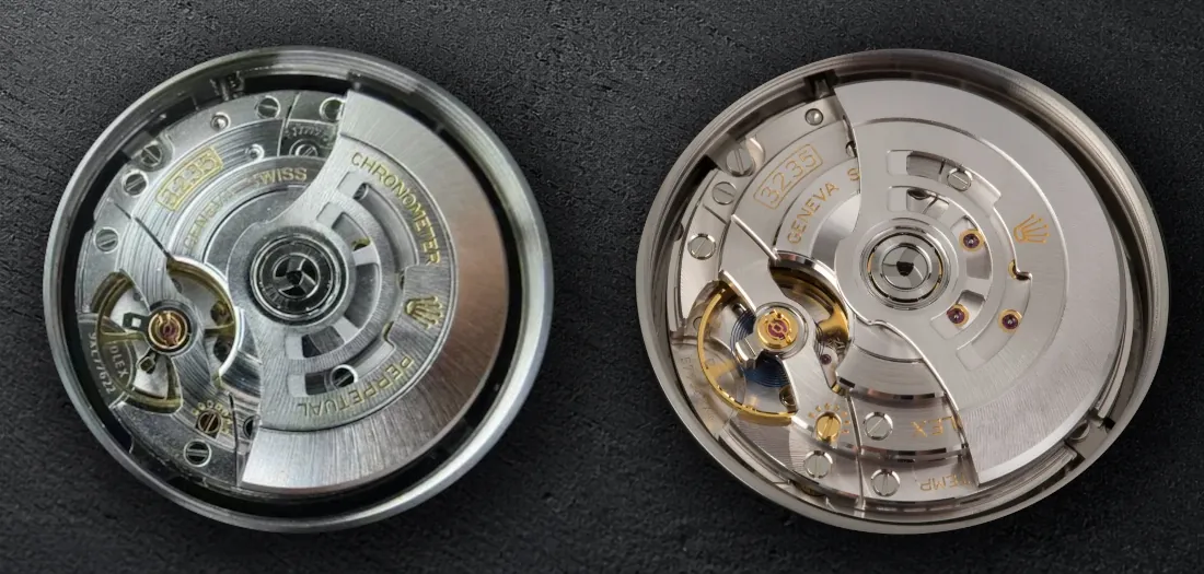 Split-screen technical macro comparison showing a counterfeit Shanghai 3235 watch movement on the left and a genuine Rolex Caliber 3235 movement on the right.