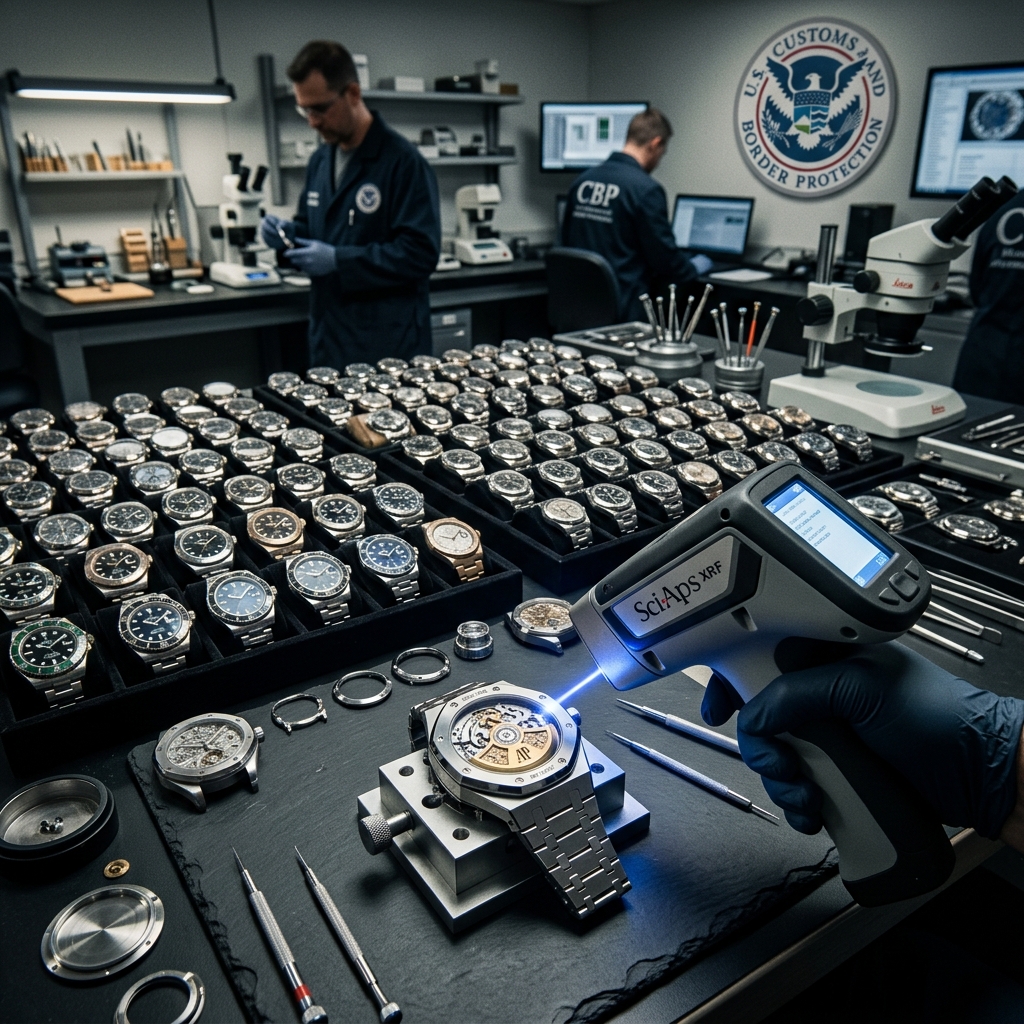 A U.S. Customs and Border Protection officer inspecting a table covered with seized counterfeit luxury watches, including fake Rolex and Audemars Piguet models.
