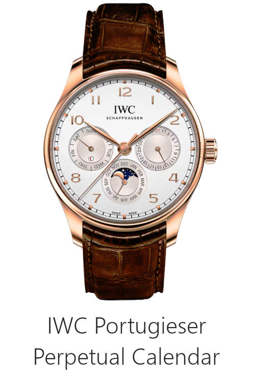 IWC Portugieser Perpetual Calendar watch with moonphase and full calendar display on elegant dial.