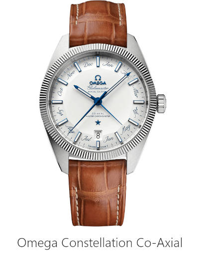 Omega Constellation Co-Axial Annual Calendar watch with month and date display on a silver dial
