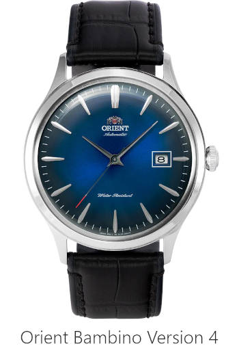 Orient Bambino Version 4 dress watch with a classic dial and date display complication at 3 o’clock.