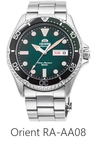 Orient RA-AA0812L39B automatic dive watch with day and date display and green dial.